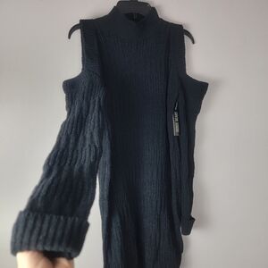 Derek Heart Short Dress Sweater Turtleneck Cold Shoulder Black Soft Knit Size M